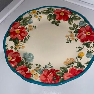 Floral Ceramic Dinner Plate with Teal Rim